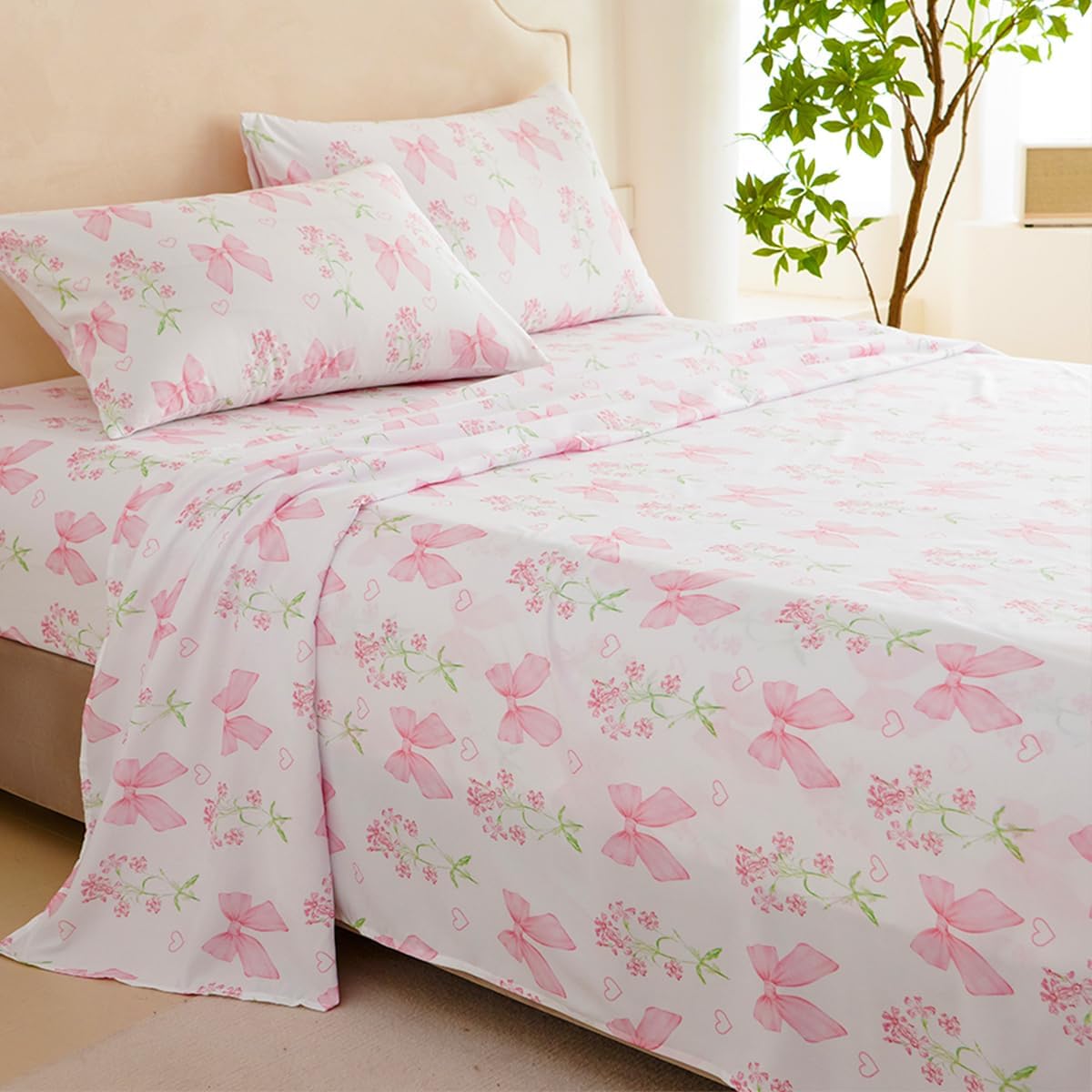 Jolusere pink floral bow sheet set for girls bedroom