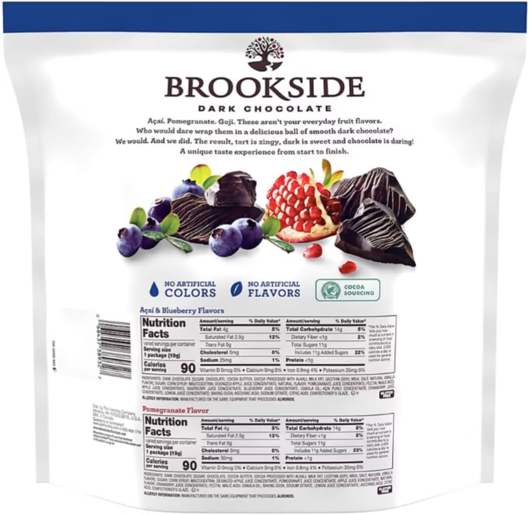 Close up of imported premium American dark chocolate candies with acai blueberry and pomegranate centers.