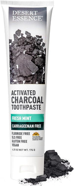 Desert Essence activated charcoal toothpaste front view packaging