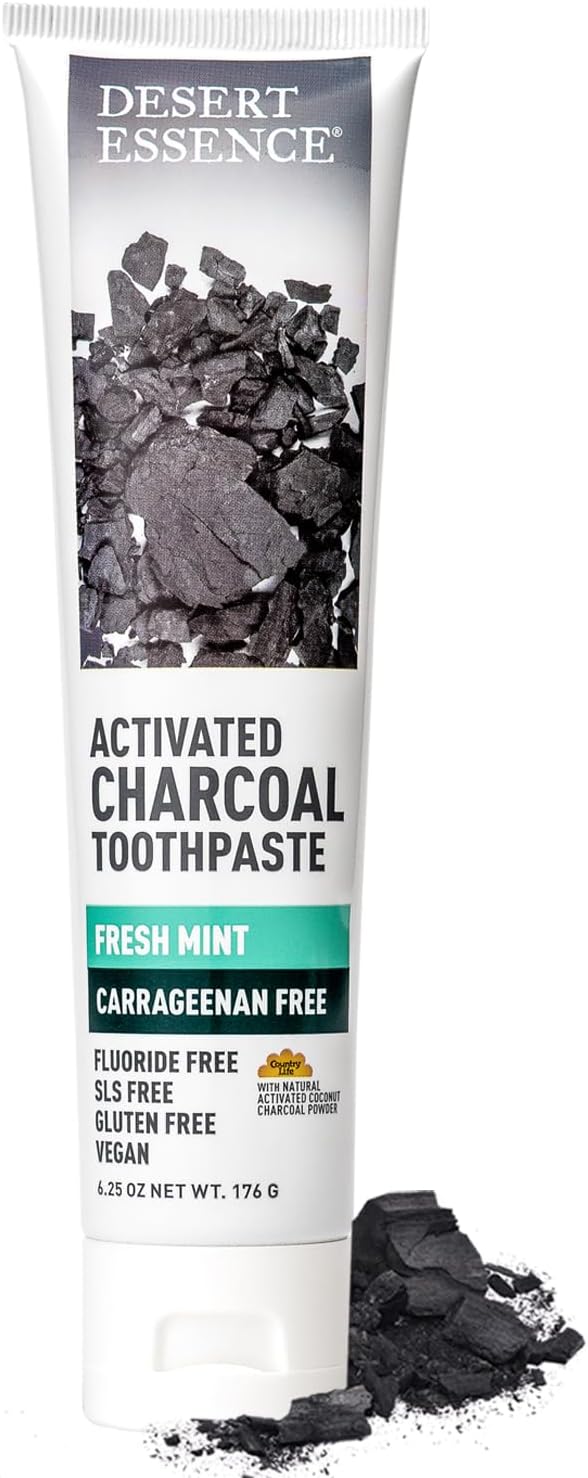 Desert Essence activated charcoal toothpaste front view packaging