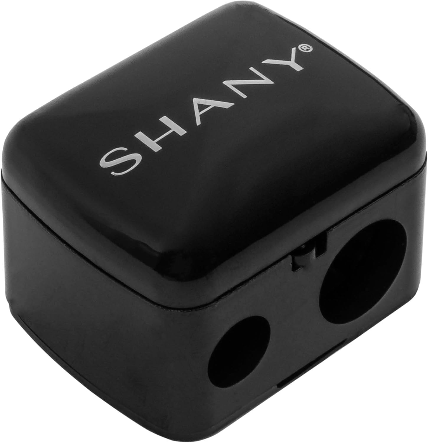 Shany cosmetic pencil sharpener front view showing dual holes