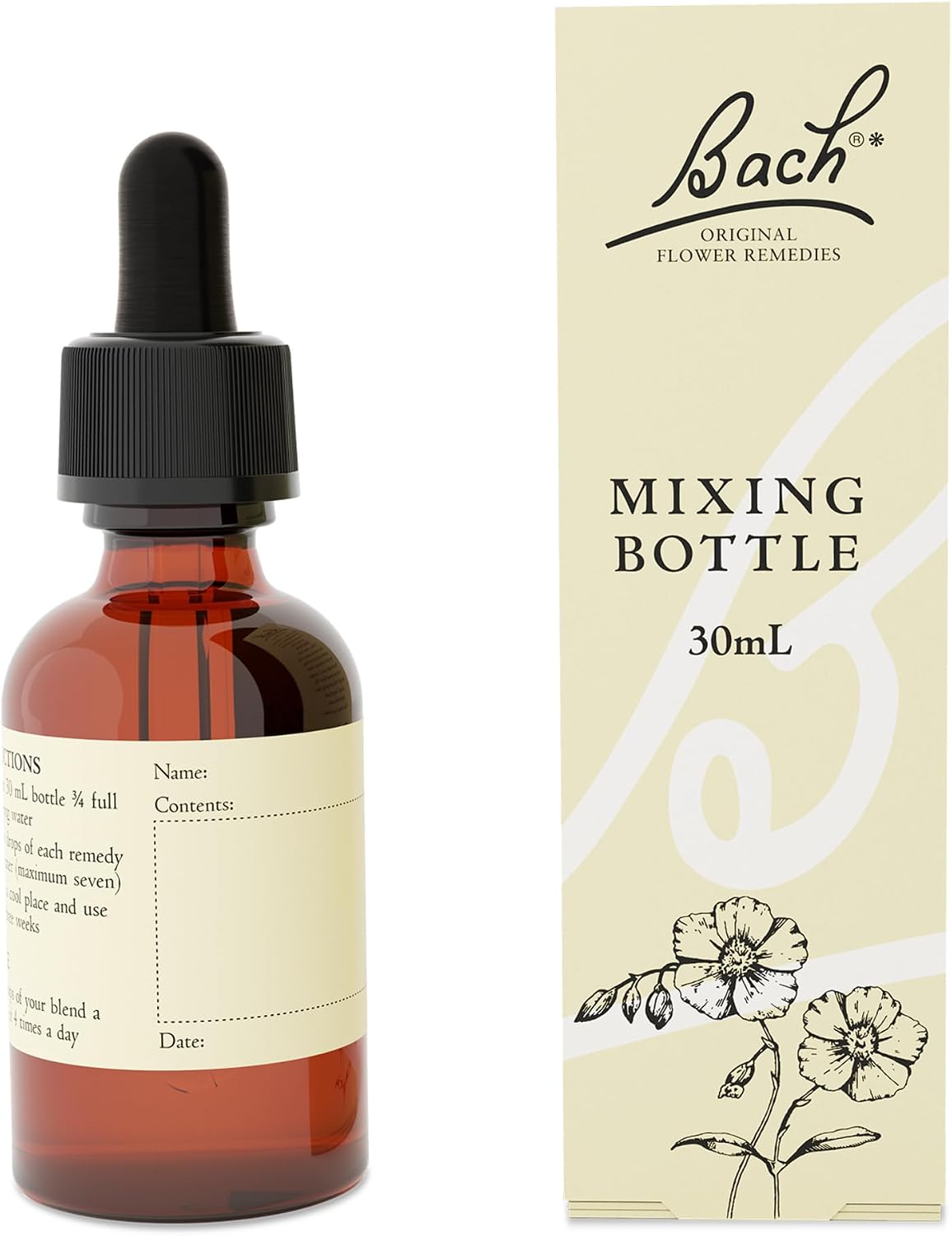 Bach mixing bottle 30 ml front view showcasing the amber glass design.