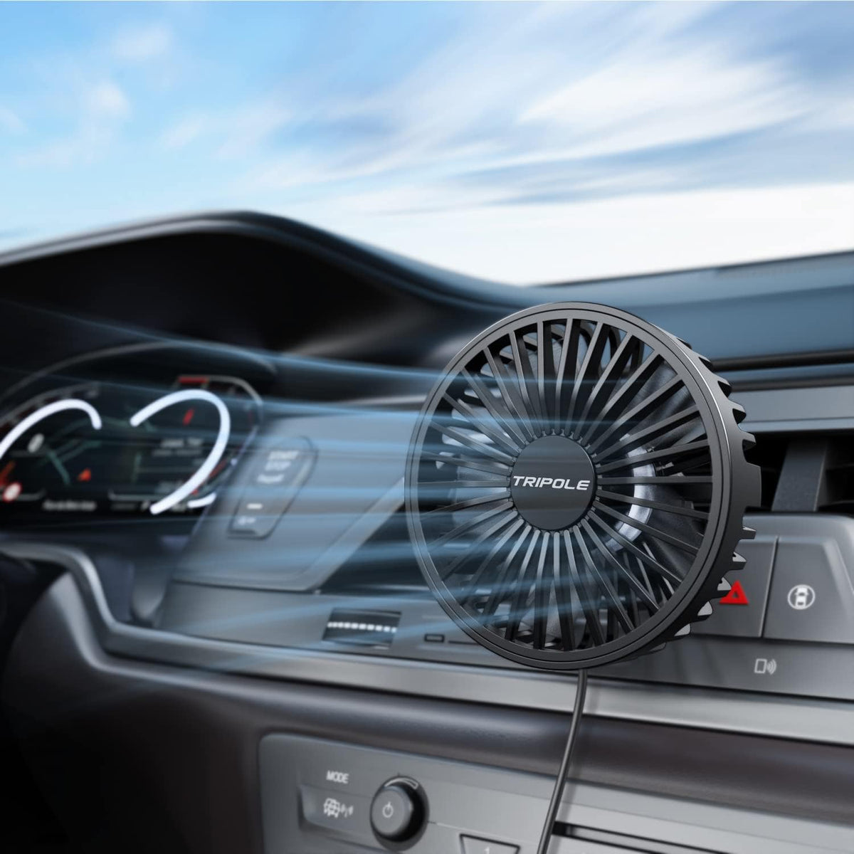 TriPole car fan front view clipped onto a dashboard air vent black color