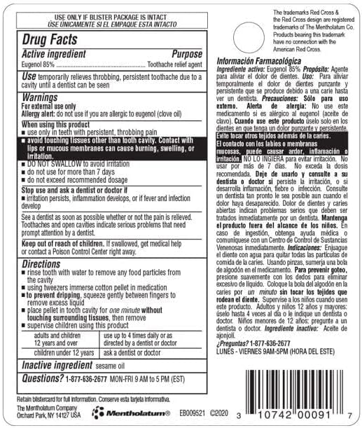 American Red Cross dental medication kit packaging showing ingredients and usage.