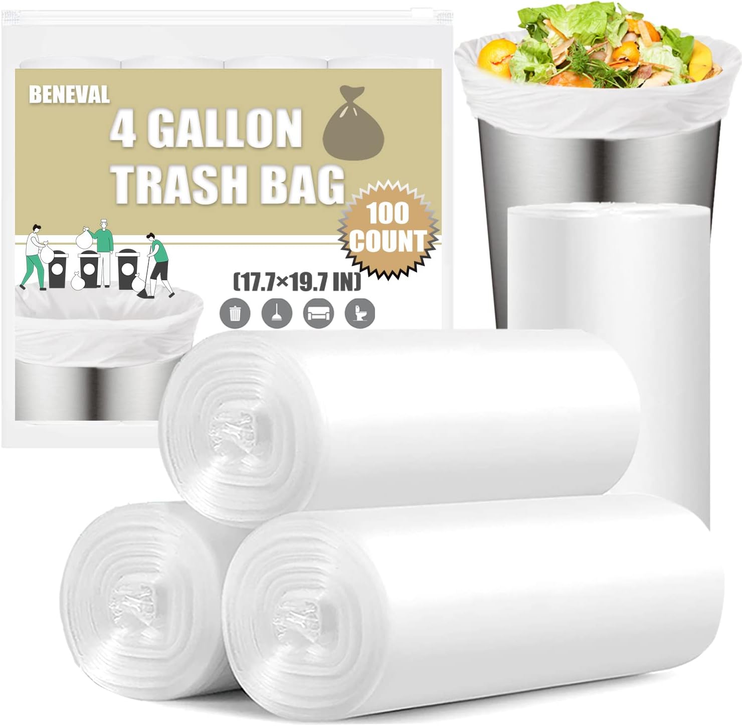 BENEVAL small trash bags 4 gallon front view pack of one hundred