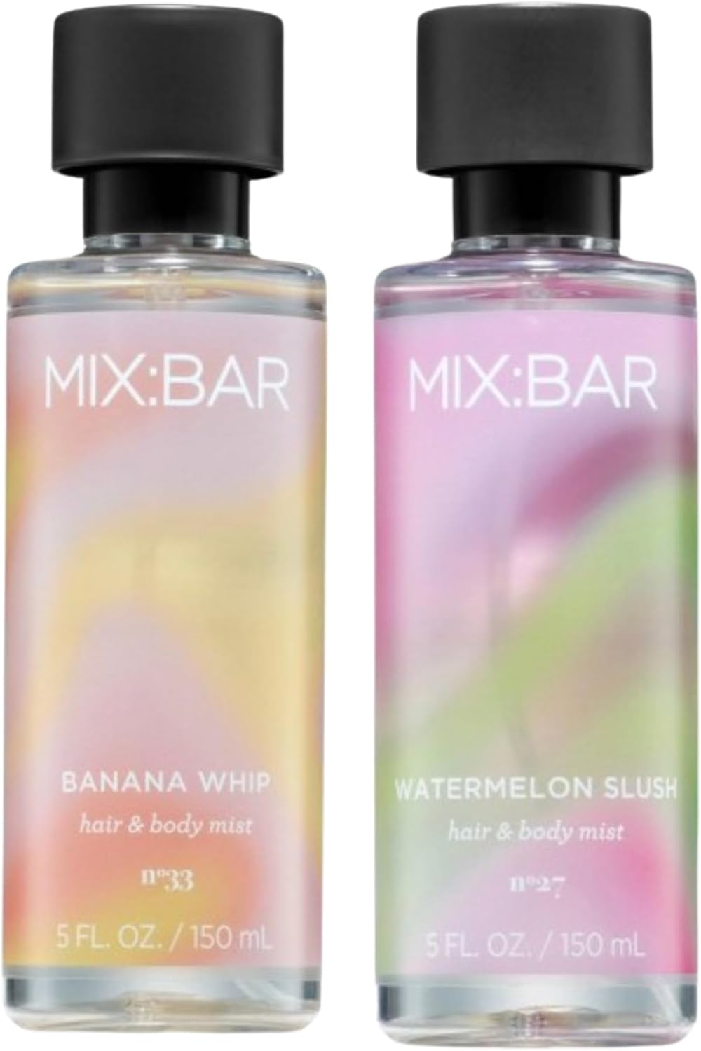 MIX:BAR hair and body mist 2-pack front view showcasing Banana Whip and Watermelon Slush bottles