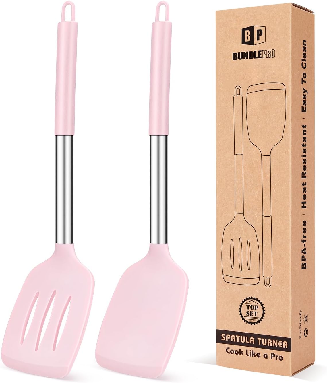 Pack of 2 Silicone Solid Turner, Non Stick Slotted Kitchen Spatulas, High Heat Resistant BPA Free Cooking Utensils, Ideal Cookware for Fish, Eggs, Pancakes(Stainless Steel Khaki) - Image 15
