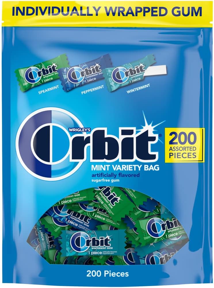Individually wrapped Orbit sugar free gum pieces spilling out of bag