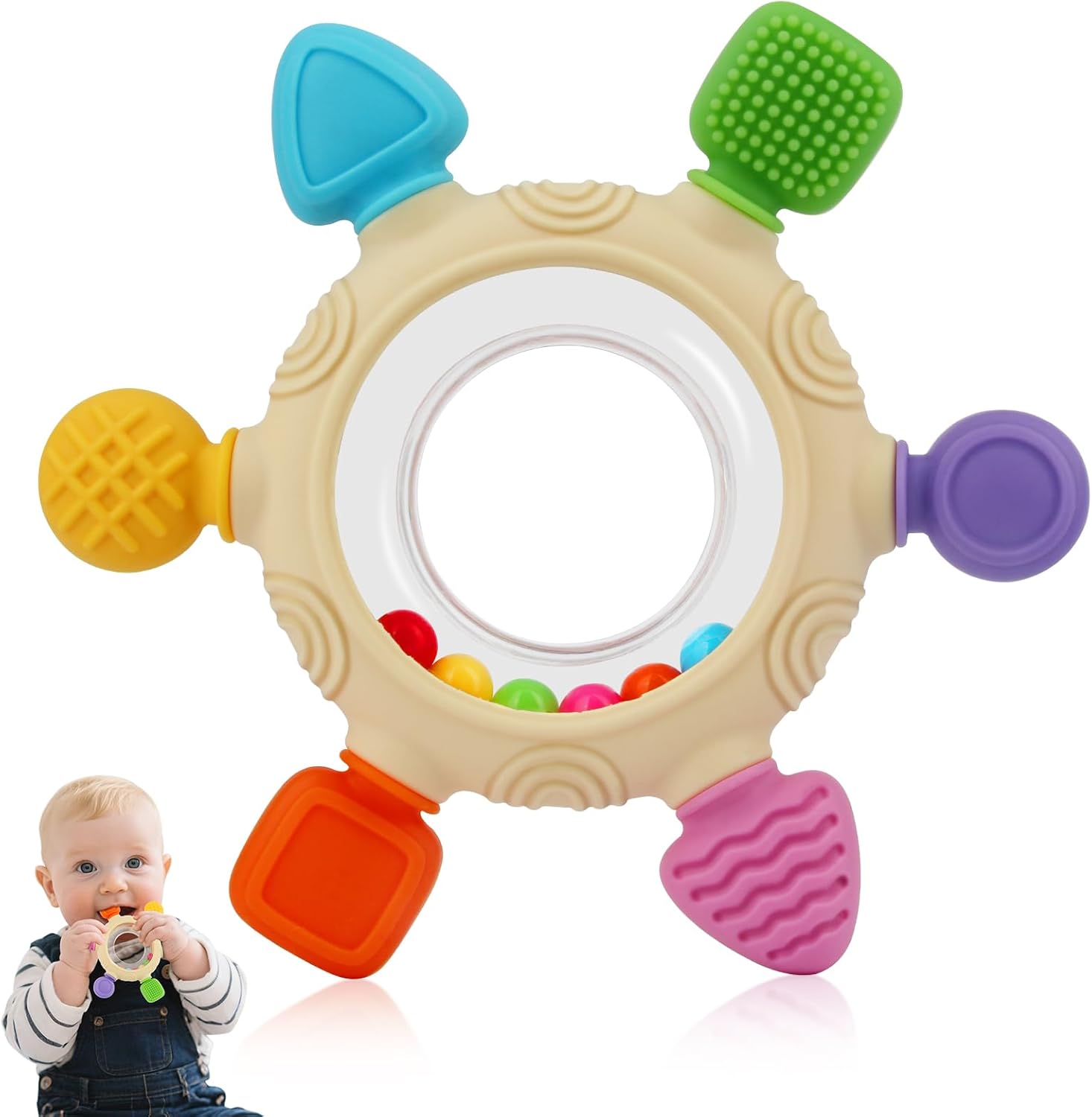JD PRO baby teething rings and sensory rattle front view featuring colorful textured chew loops for infant gum relief.