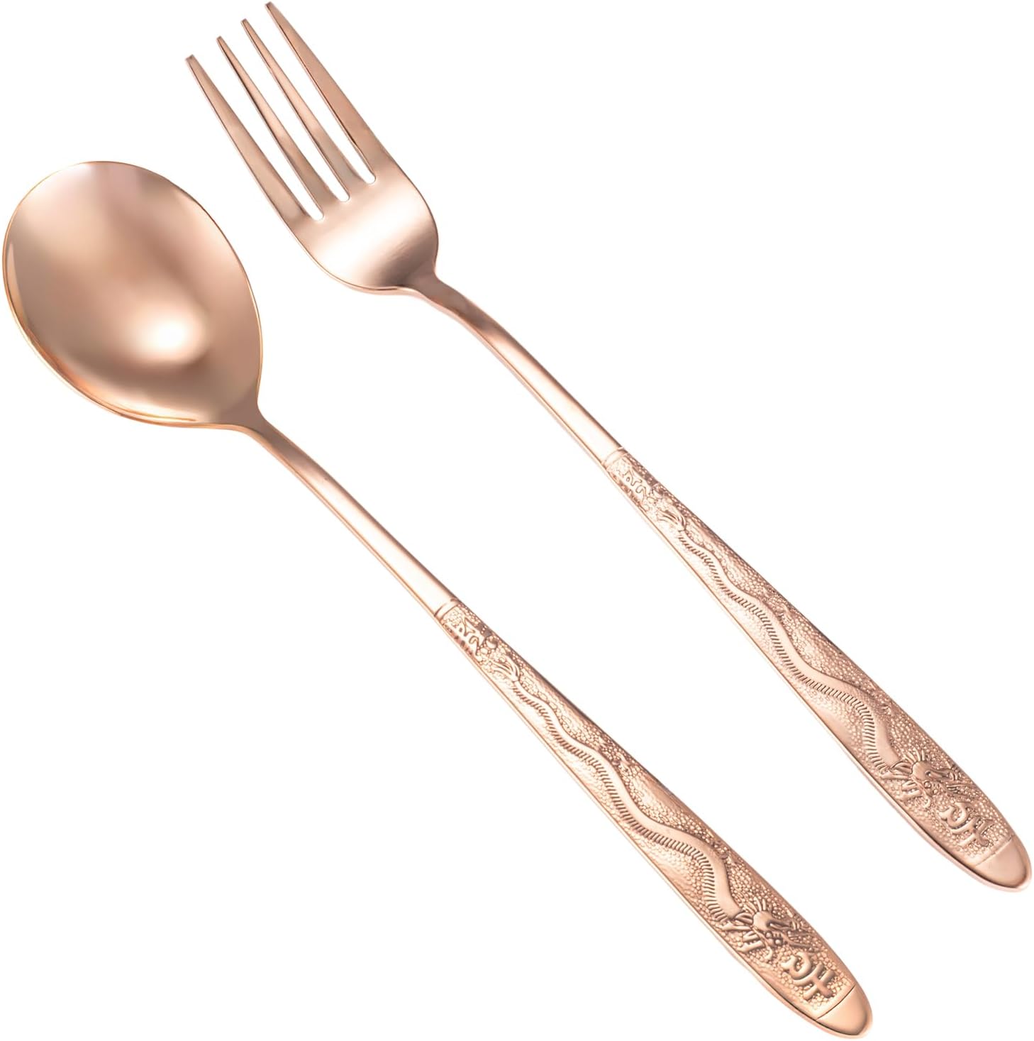 Purecopper pure copper utensils front view showing the polished hammered texture spoon and fork set.