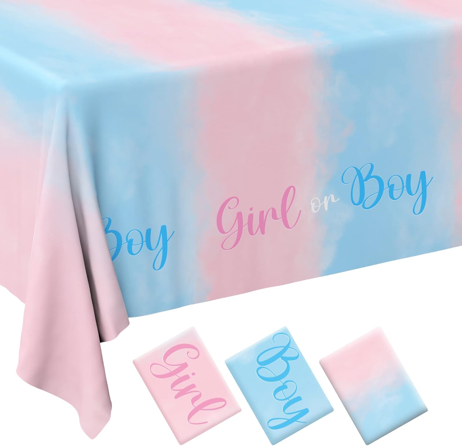 Gatherfun gender reveal plastic tablecloth 3 pack front view displaying pink and blue boy or girl theme design.