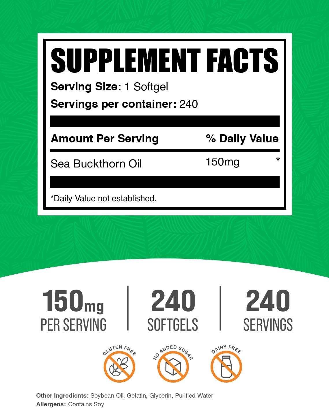 Close up of BulkSupplements Sea Buckthorn Oil supplement facts label