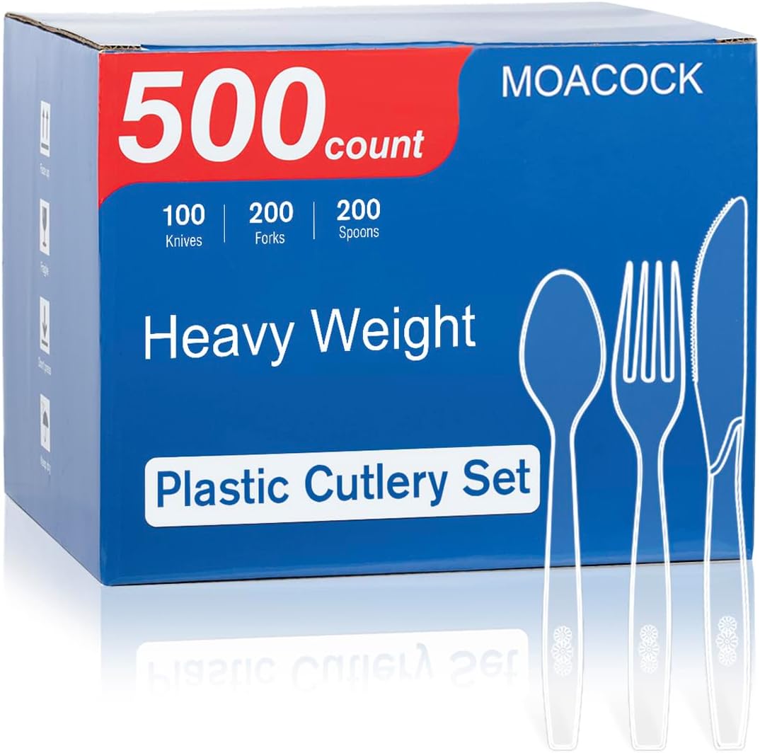 Moacock extra heavy duty plastic silverware set front view showcasing clear disposable forks spoons and knives