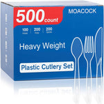 Moacock extra heavy duty plastic silverware set front view showcasing clear disposable forks spoons and knives