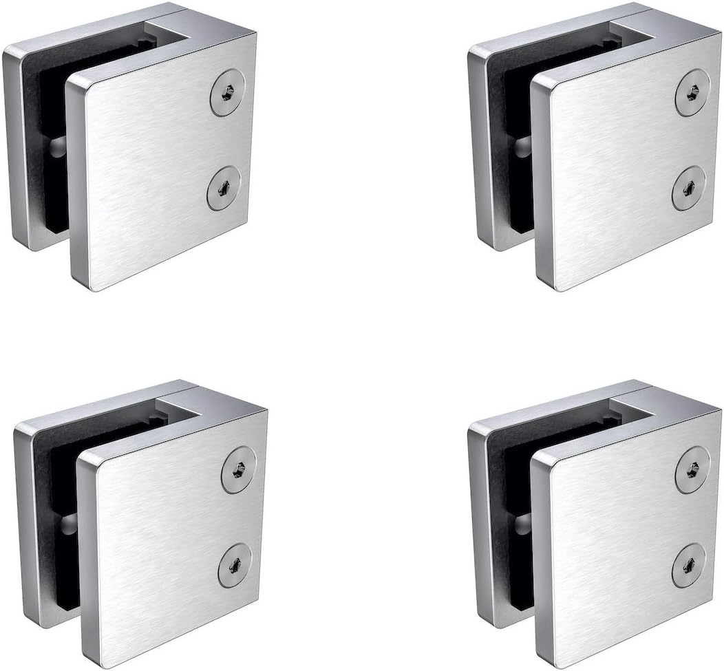 Inline Design glass clamp front view displaying square satin stainless steel body