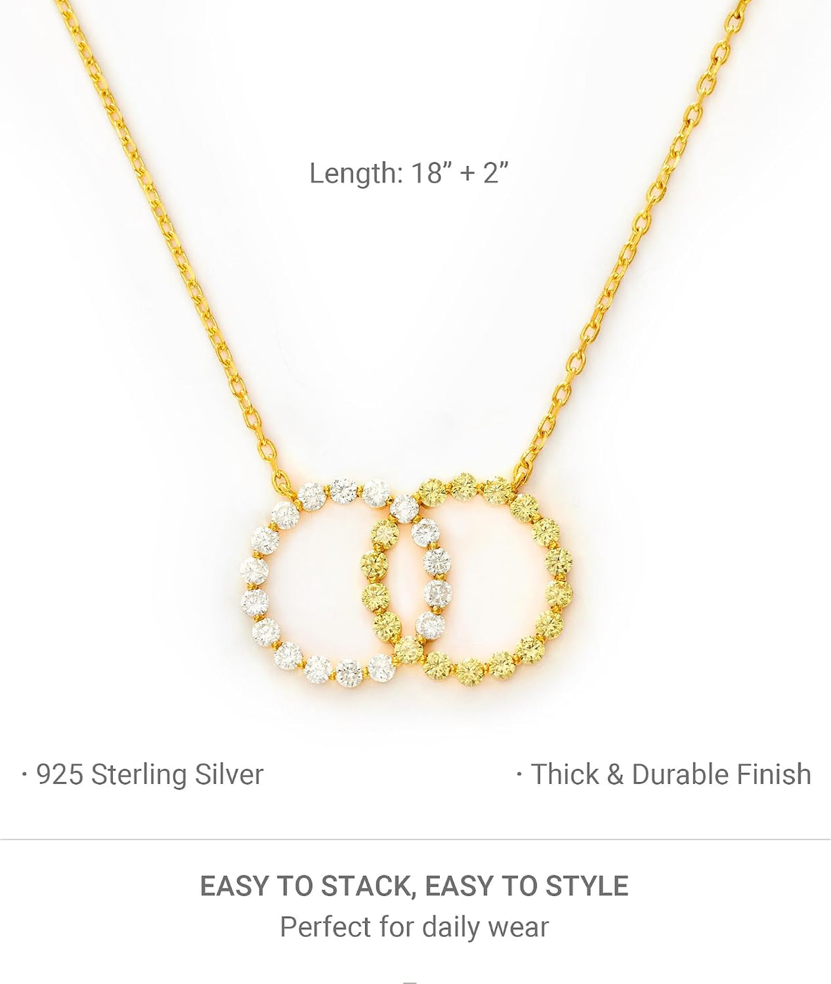 Angle view of the two-tone linking circle pendant and clasp