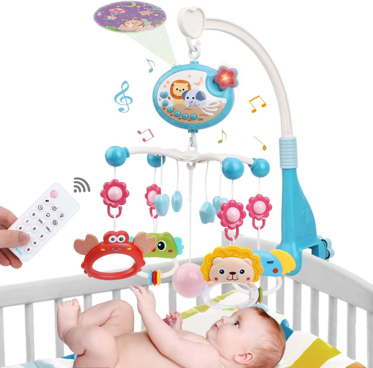 LKNUIYIE baby crib mobile front view displaying the main musical console and hanging animal rattles.