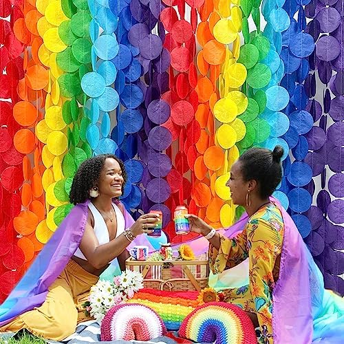 Vibrant rainbow photo booth backdrop created using the pinkblume big polka dots tissue paper hanging curtains