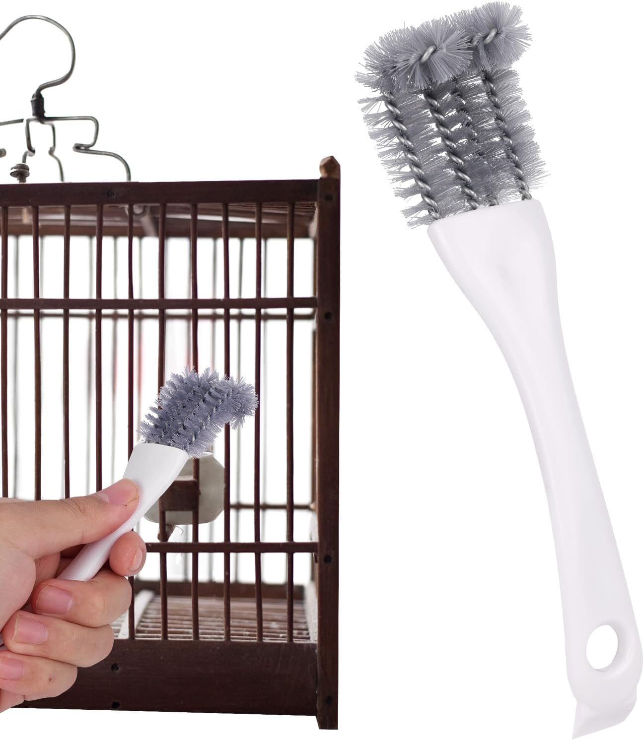 Penitue bird cage cleaning brush front view with long white handle and gray bristles