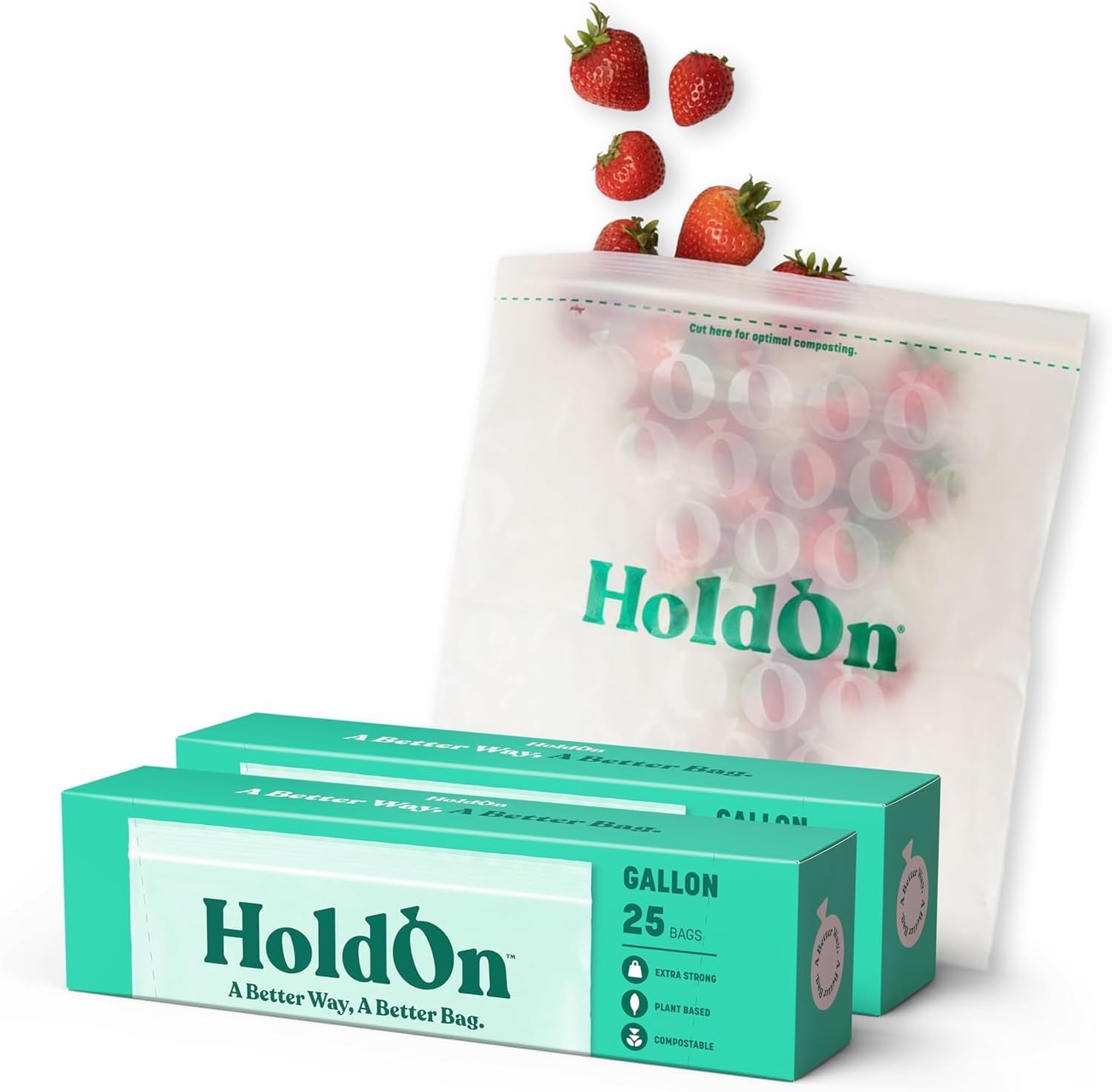 HoldOn Zipseal Gallon Bags front view of compostable food storage packaging.
