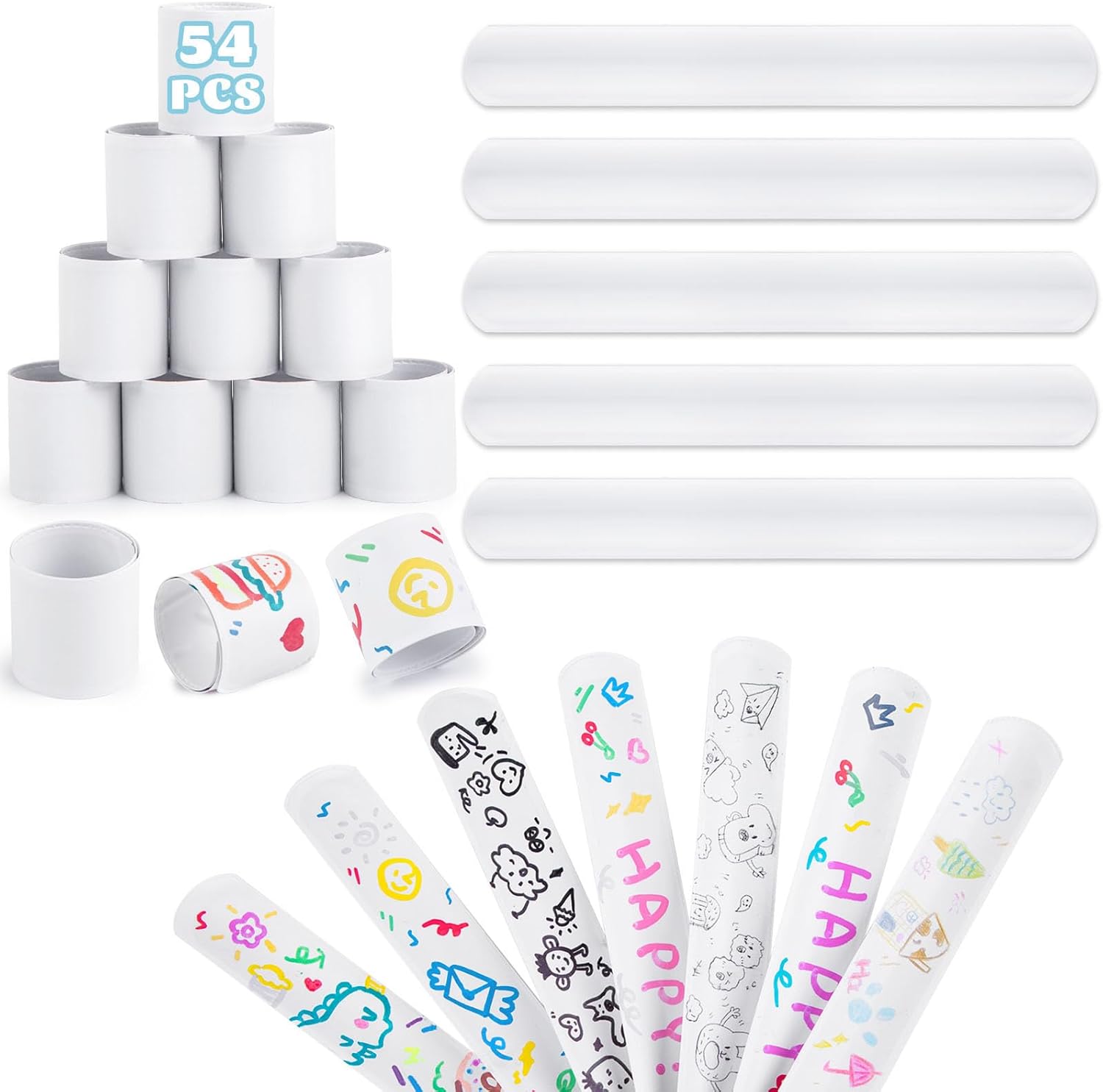 LovesTown 54 Pieces White Slap Bracelets front view of bulk craft kit for kids customizable party favors.