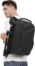 MOSISO photography backpack open wide displaying organized camera lenses