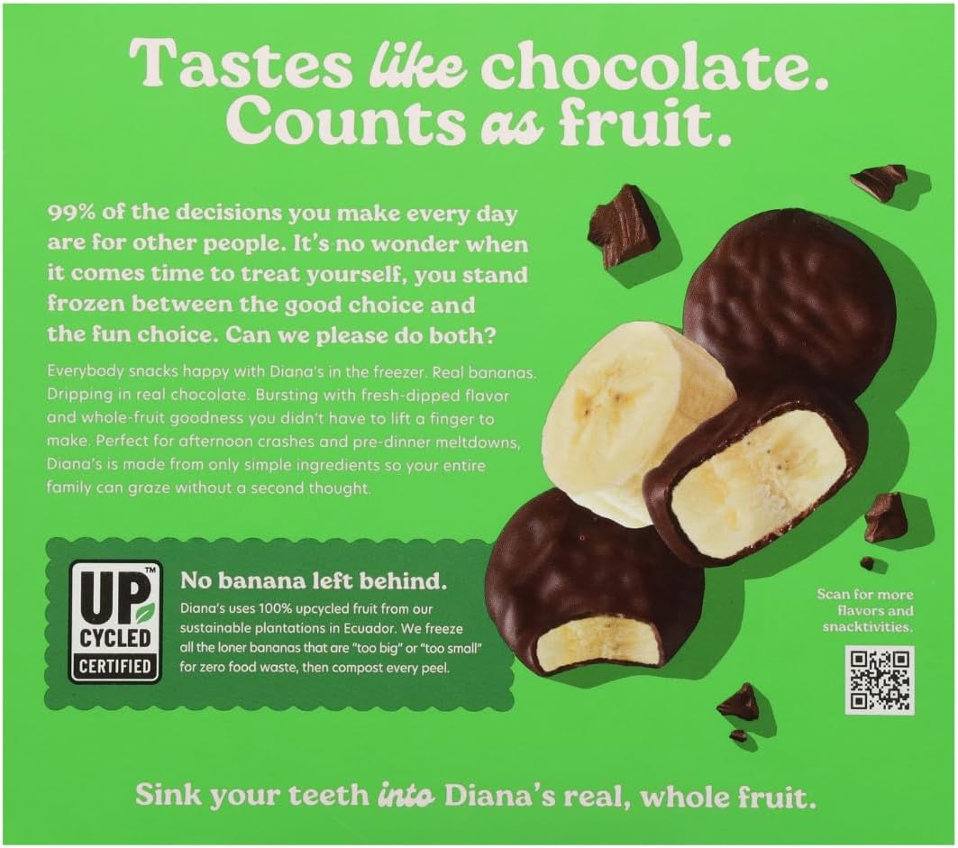 Diana's Bananas package showing gluten-free label and dark chocolate coating