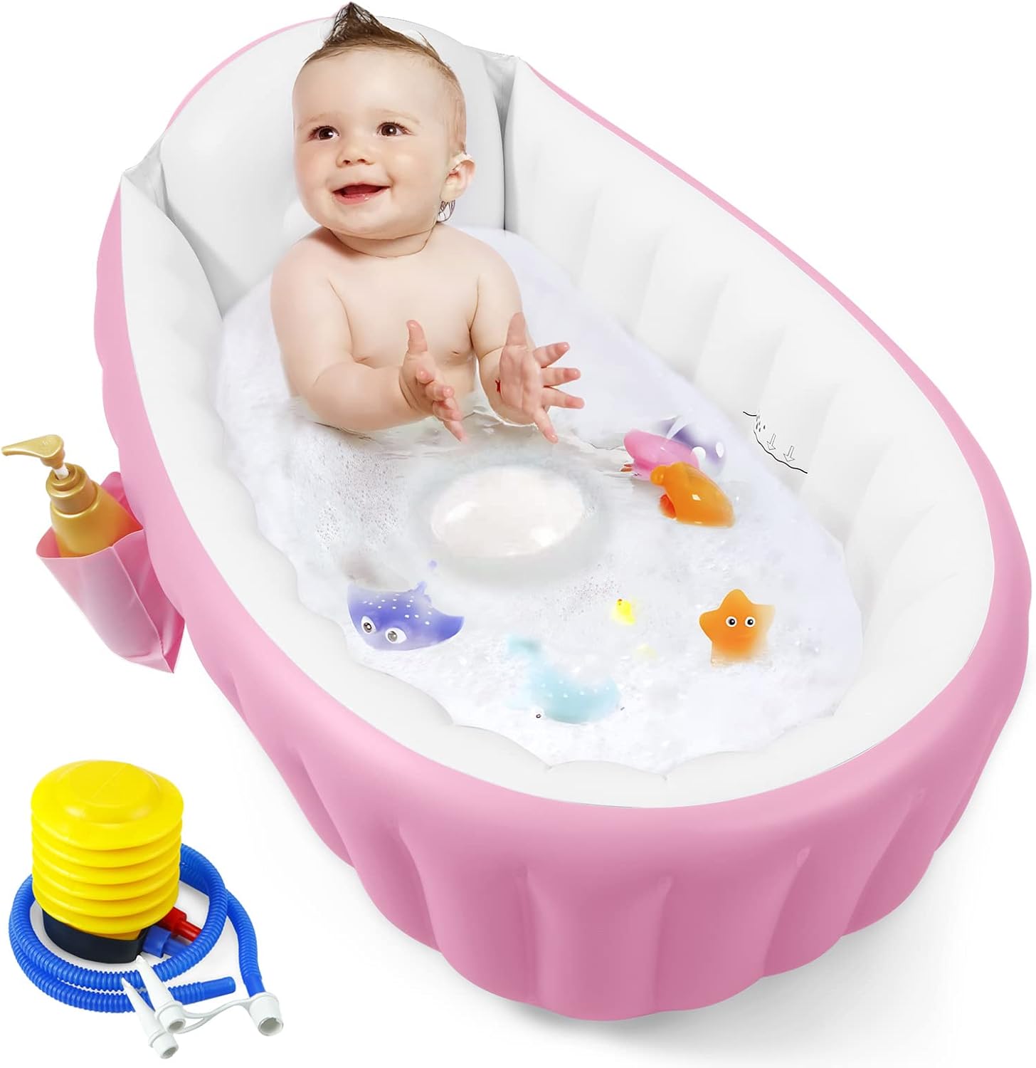 PandaEar pink inflatable baby bathtub front view with included air pump