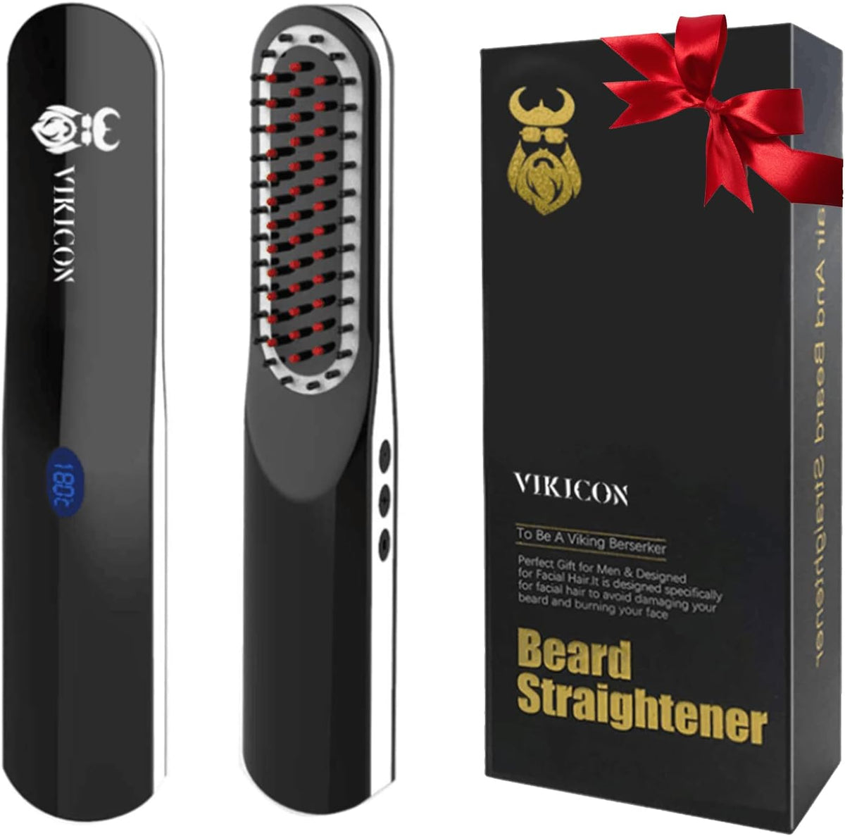 VIKICON cordless heated beard straightener front view showing comb teeth and digital display
