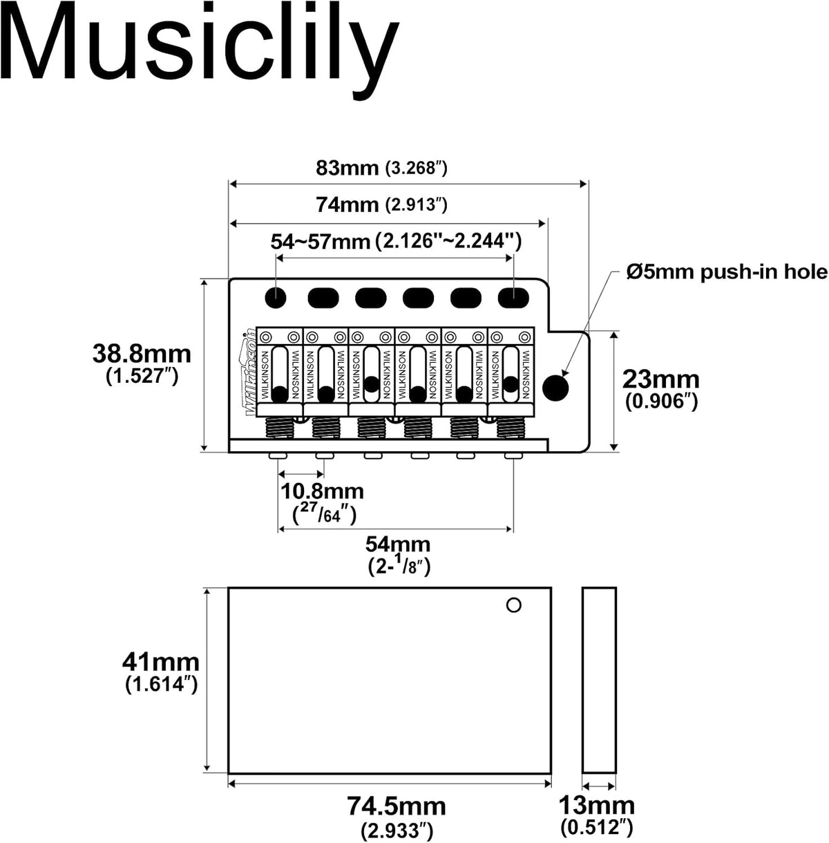 Musiclily Wilkinson guitar bridge showing vintage steel saddles.