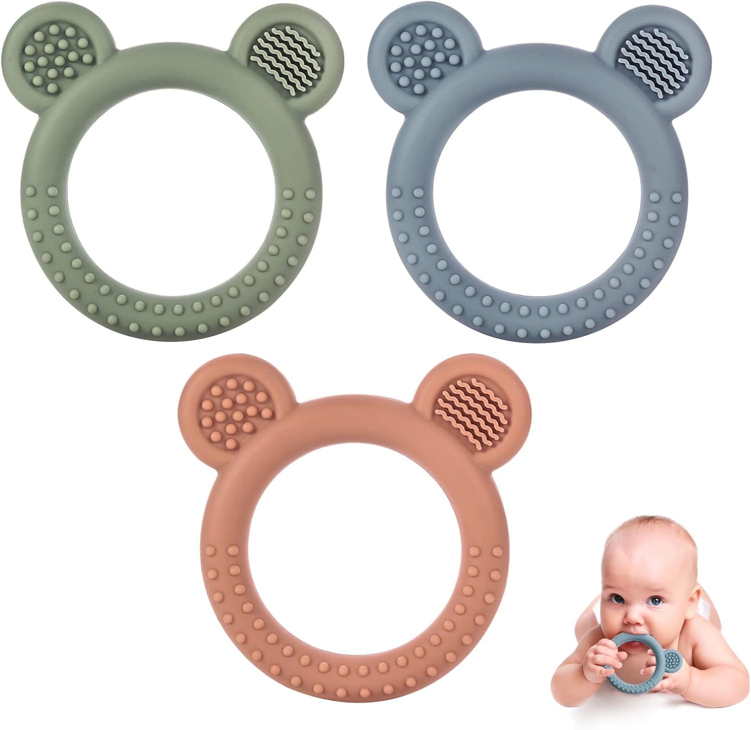 Eascrozn baby teething toys front view showing three blue bear-shaped silicone rings.