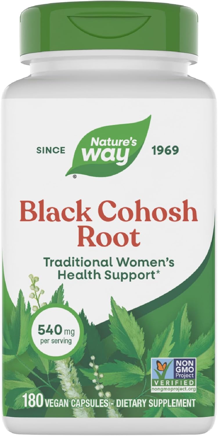 Nature's Way Black Cohosh Root 540 mg front bottle view showing 180 vegan capsules for women's health support.