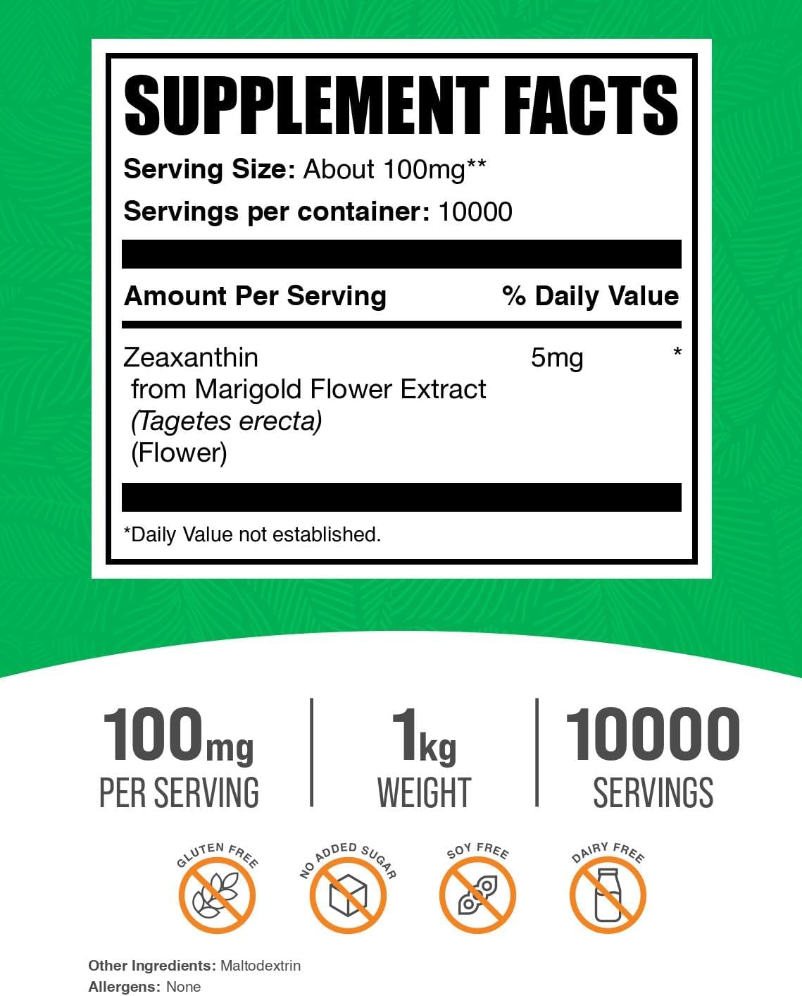 BulkSupplements Zeaxanthin Powder nutrition label detail
