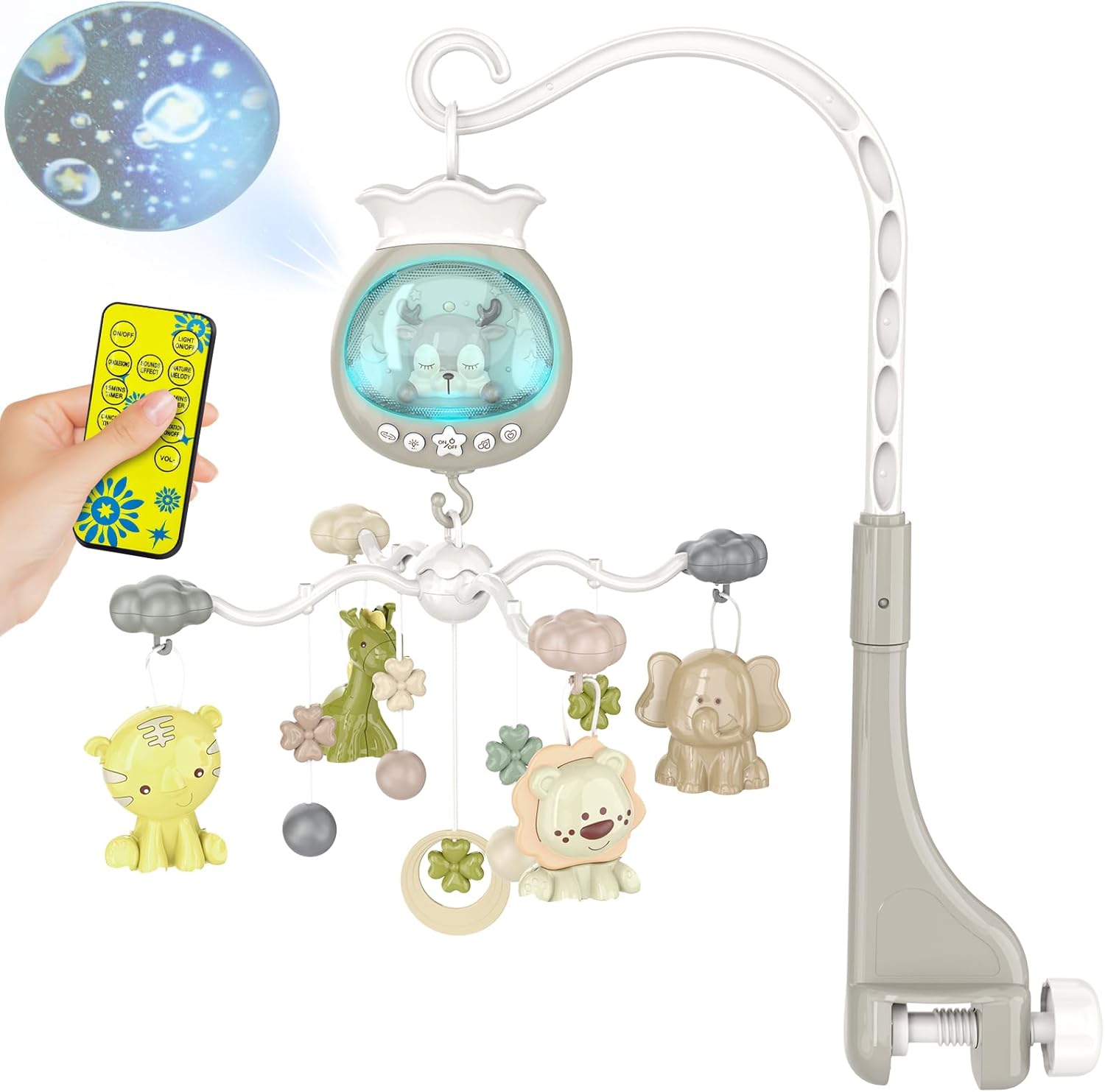 Asixxsix baby crib mobile with music and lights front view featuring rotating space toys