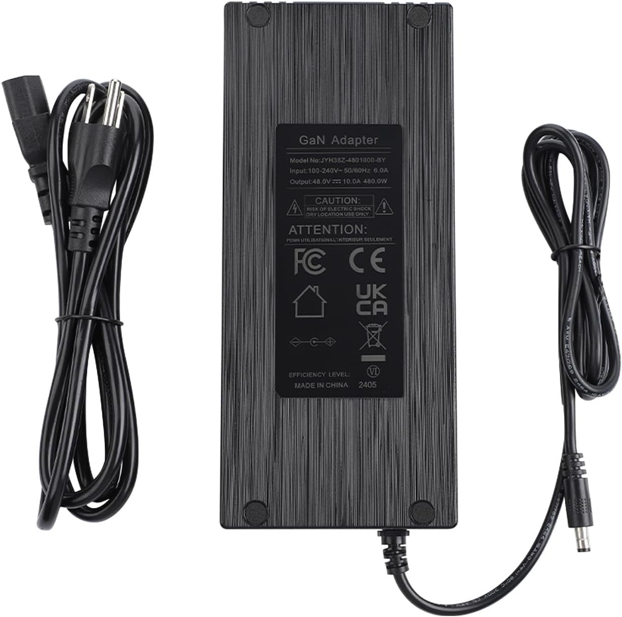 AIYIMA DC48V 10A GaN Power Supply Adapter front view showing the compact premium black brick casing.