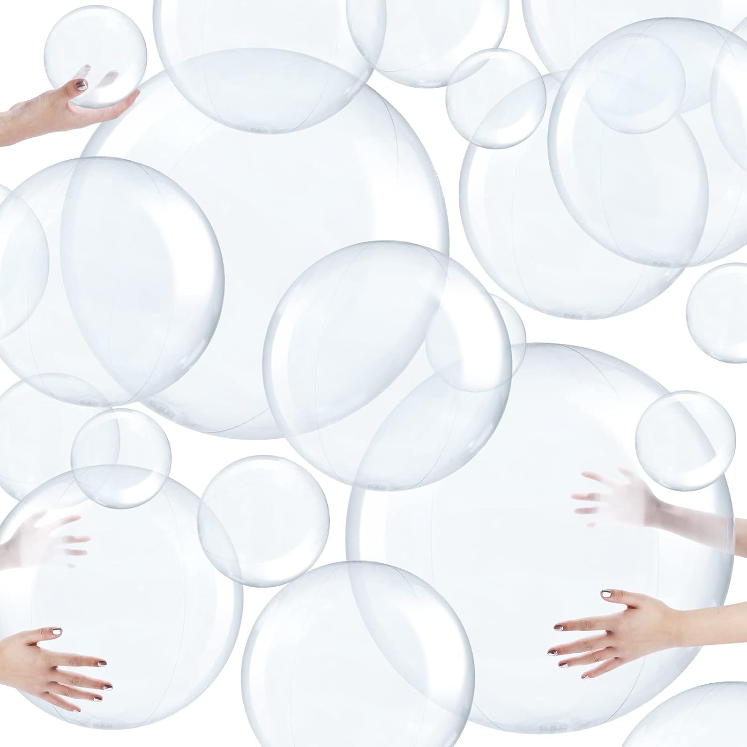 Sratte 20 Pieces Inflatable Clear Beach Balls Bulk front view showing multiple sizes inflated on a lawn