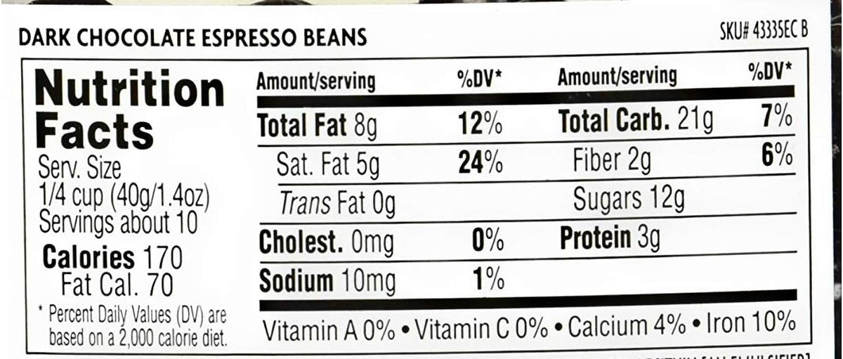 Four containers of Trader Joe's Dark Chocolate Covered Espresso Beans stacked together