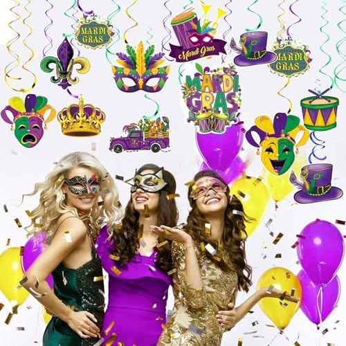 Mardi Gras masquerade party venue setup with ceiling decor pieces