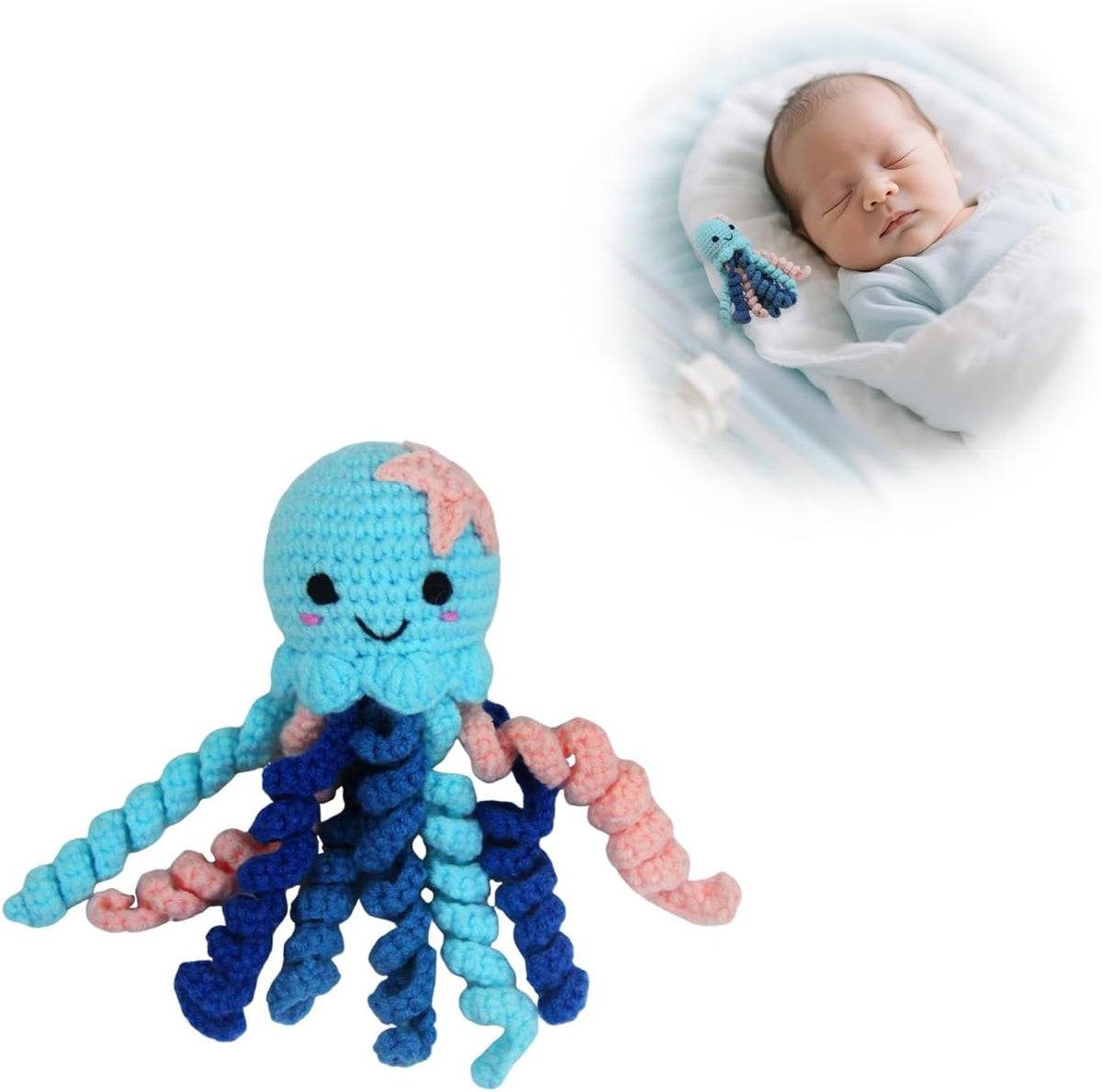 Generic handmade crochet octopus front view blue newborn plush toy