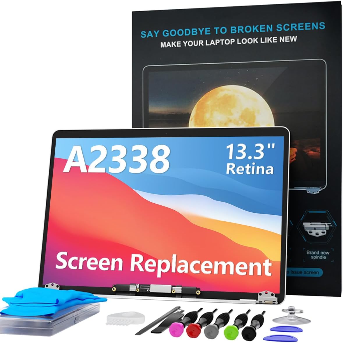 LHM A2338 MacBook Pro screen replacement front view displaying 2560x1600 Retina panel