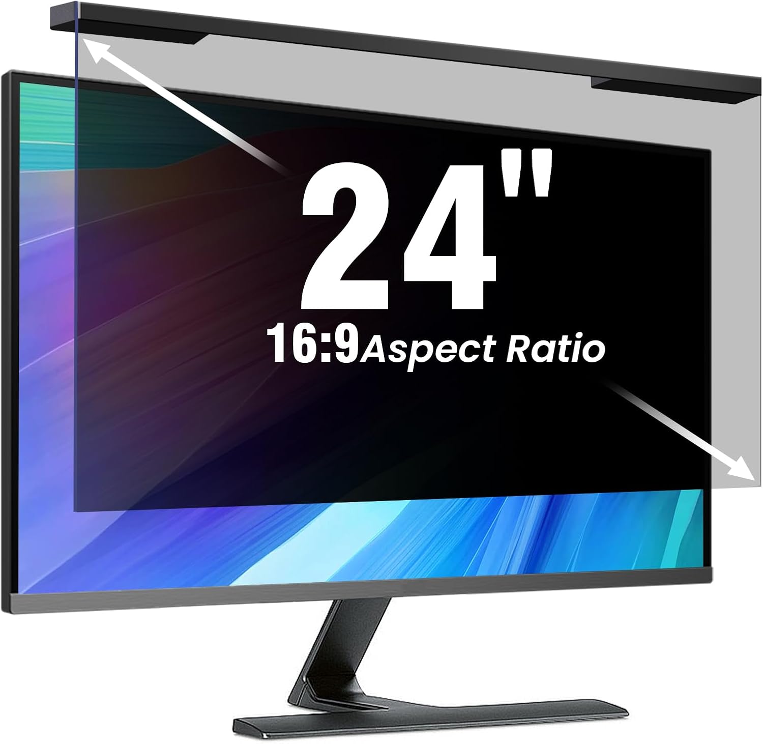 ZpTsarinal hanging twenty four inch computer privacy screen filter front view on a desktop monitor.