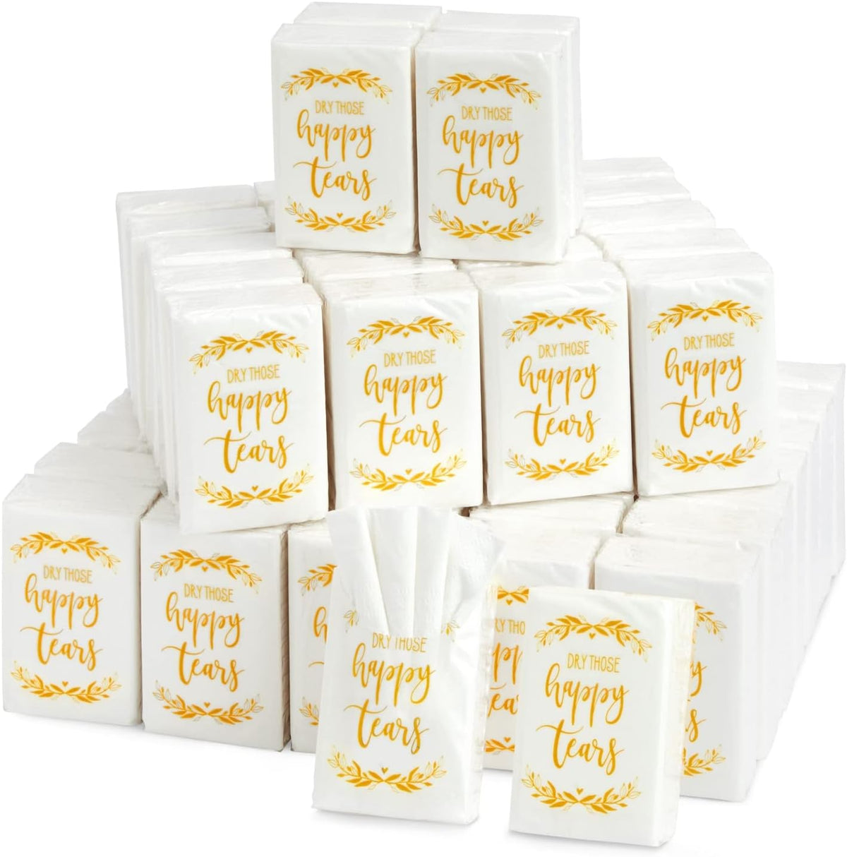 Juvale wedding pocket facial tissues 60-pack front view showcasing gold leaf wreath lettering