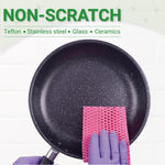 Non-scratch kitchen scrubber cleaning a frying pan