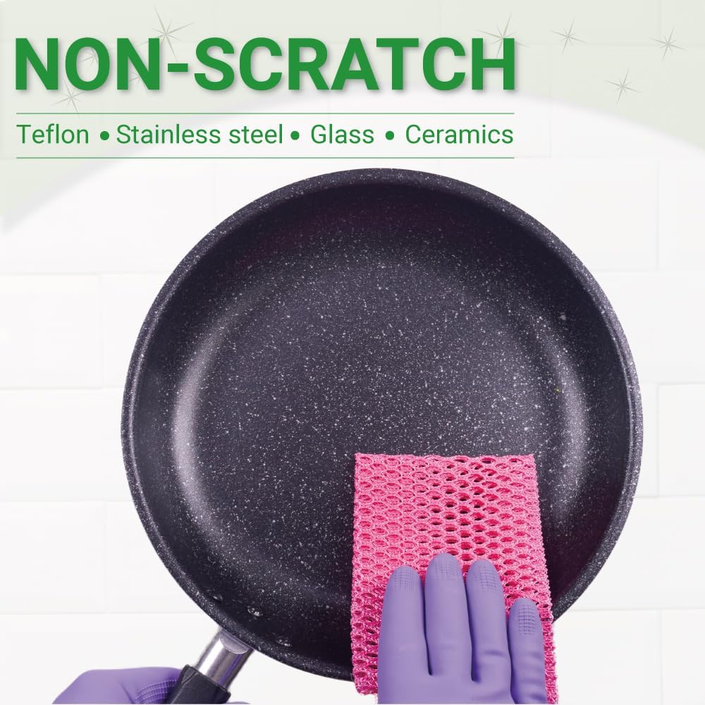 Non-scratch kitchen scrubber cleaning a frying pan