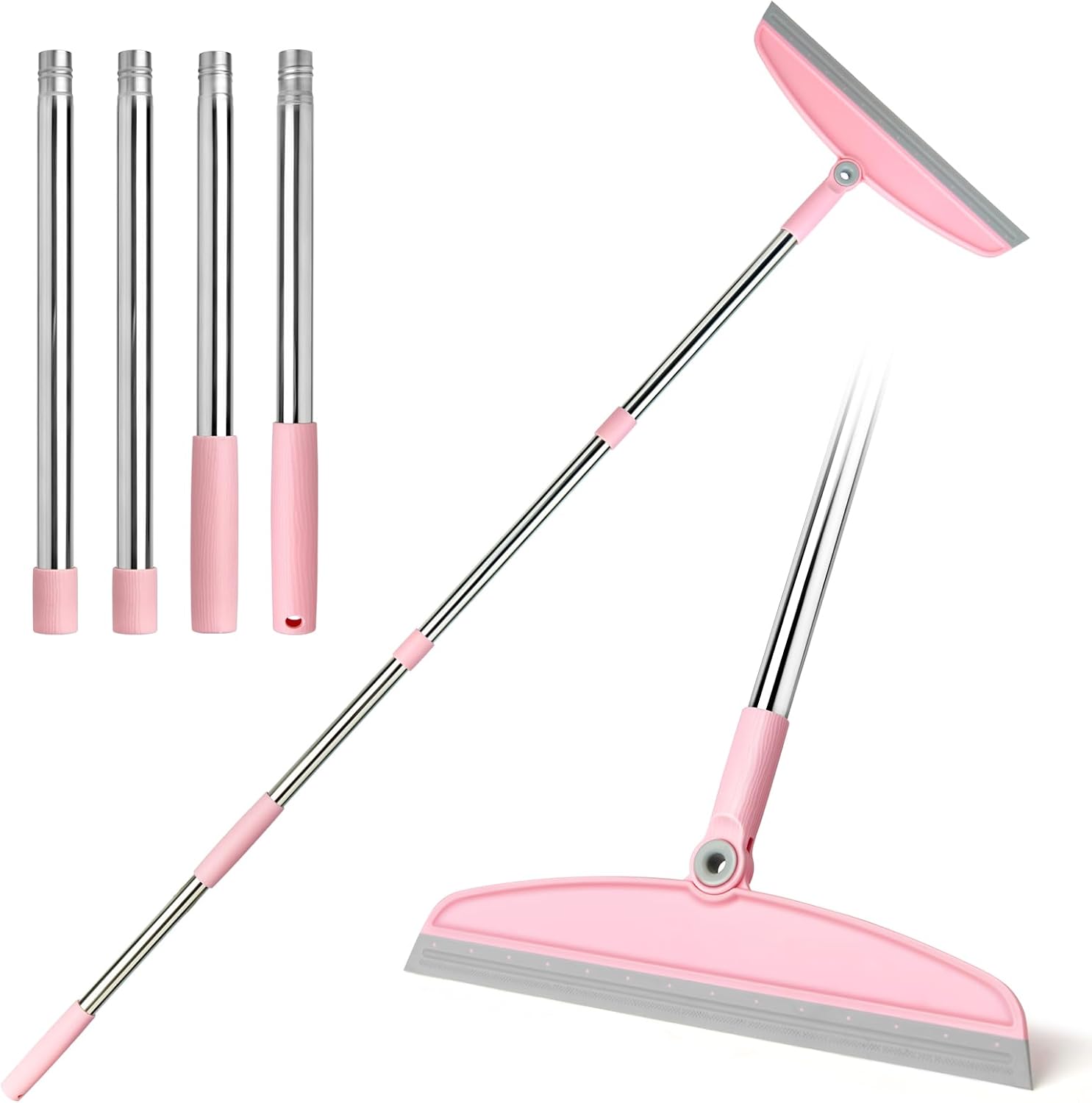 OOOFLOWER multifunction silicone broom front view showing gray and pink rubber head on tile floor