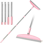OOOFLOWER multifunction silicone broom front view showing gray and pink rubber head on tile floor