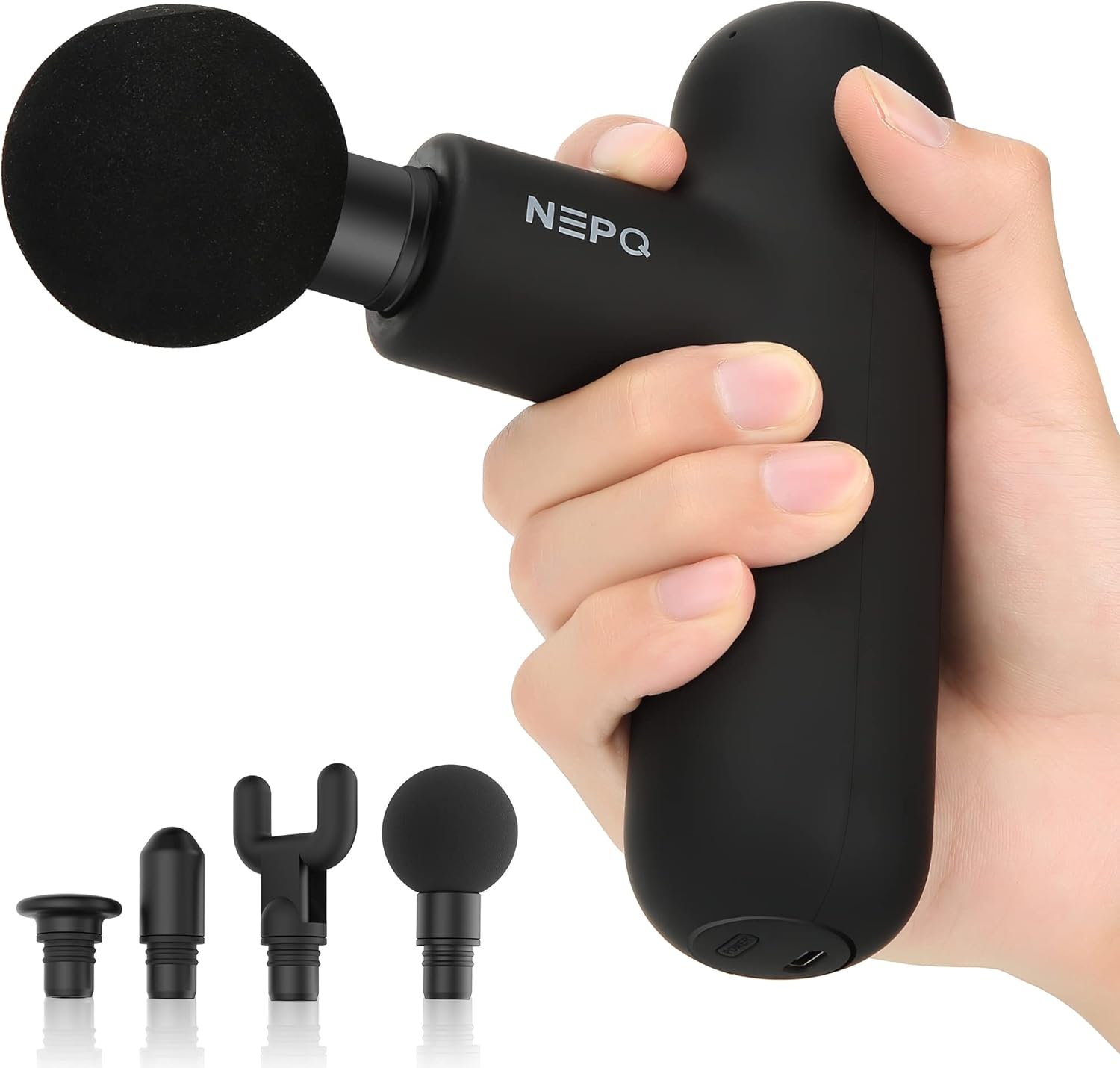 NEPQ Mini Massage Gun authentic USA imported product front view in black color.
