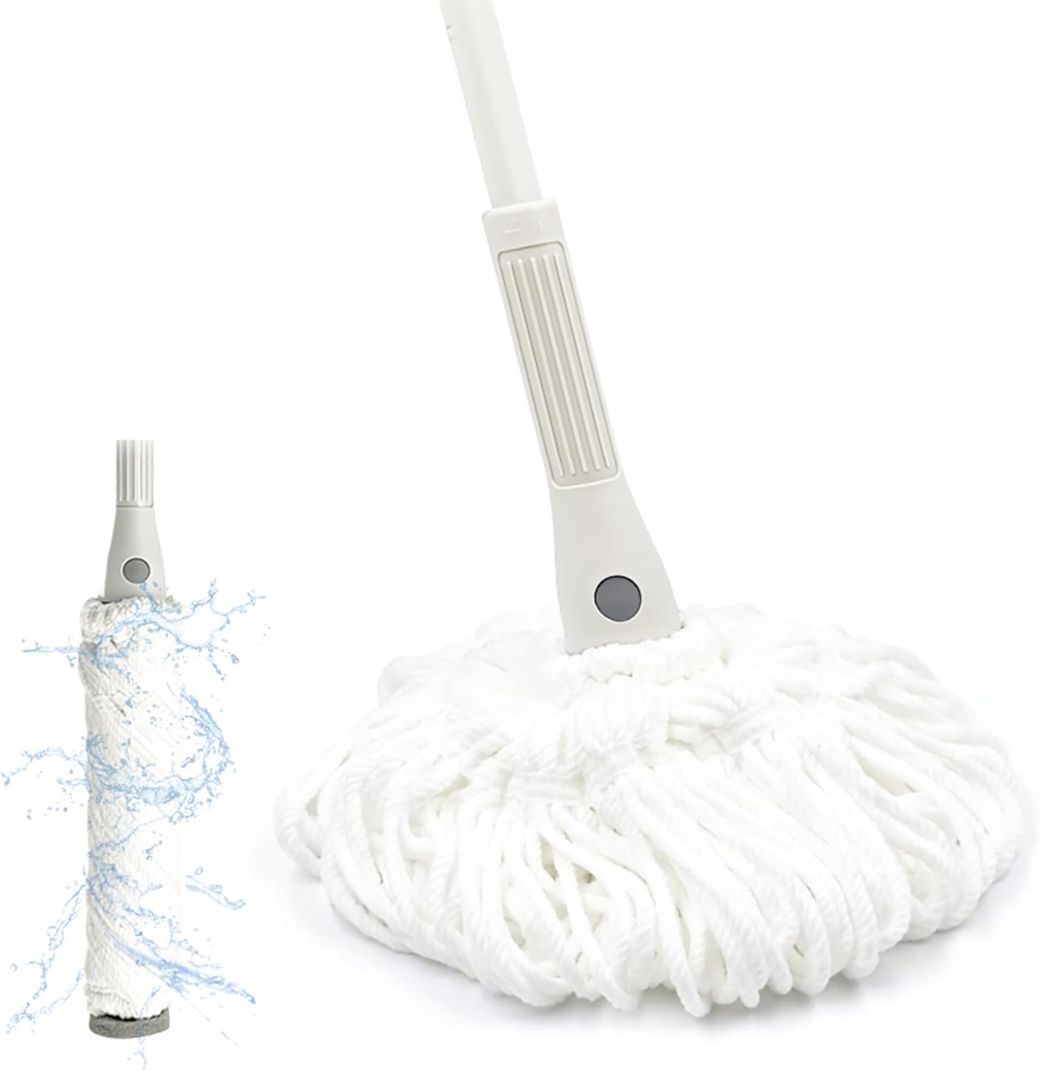 ZUBULUN self wringing twist mop showing the full fifty-five inch handle and white microfibre head front view