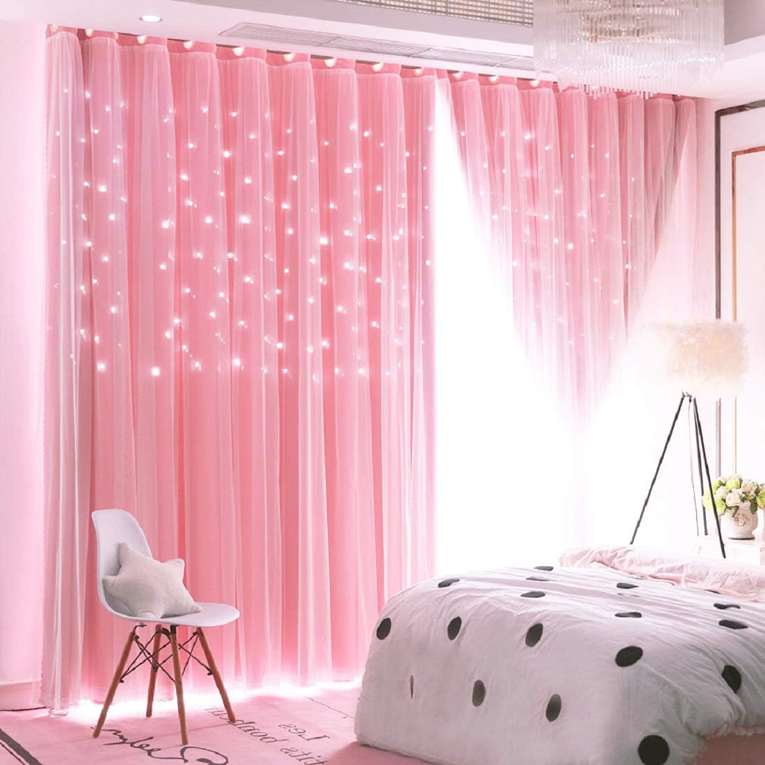 UNISTAR stars blackout curtains pink double layer front view hanging on bedroom window