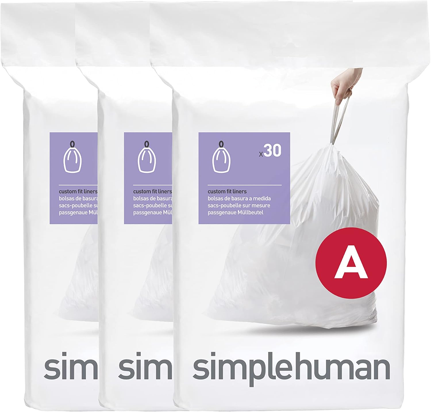 Simplehuman Code A 90 Count dispenser pack front view showcasing authentic USA imported trash bags.